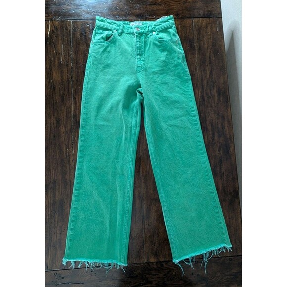 Zara High Rise Green Jeans Woman Sz 6 Fray Hem Wide Straight Leg Pockets Boho - Picture 1 of 8